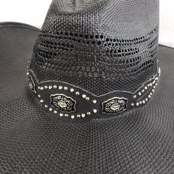 Bullhide Vintage Straw Cowboy Hat Western Black Enameled Concho Detail size M - Picture 5 of 13